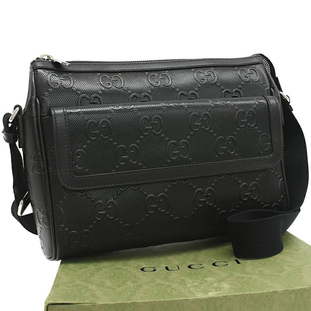 Gucci GG Embossed Messenger Bag Shoulder Leather Black